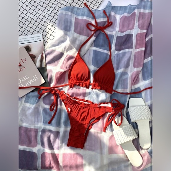 Red Triangle Side Tie Bikini Swimsuit in Red - Picture 2 of 7